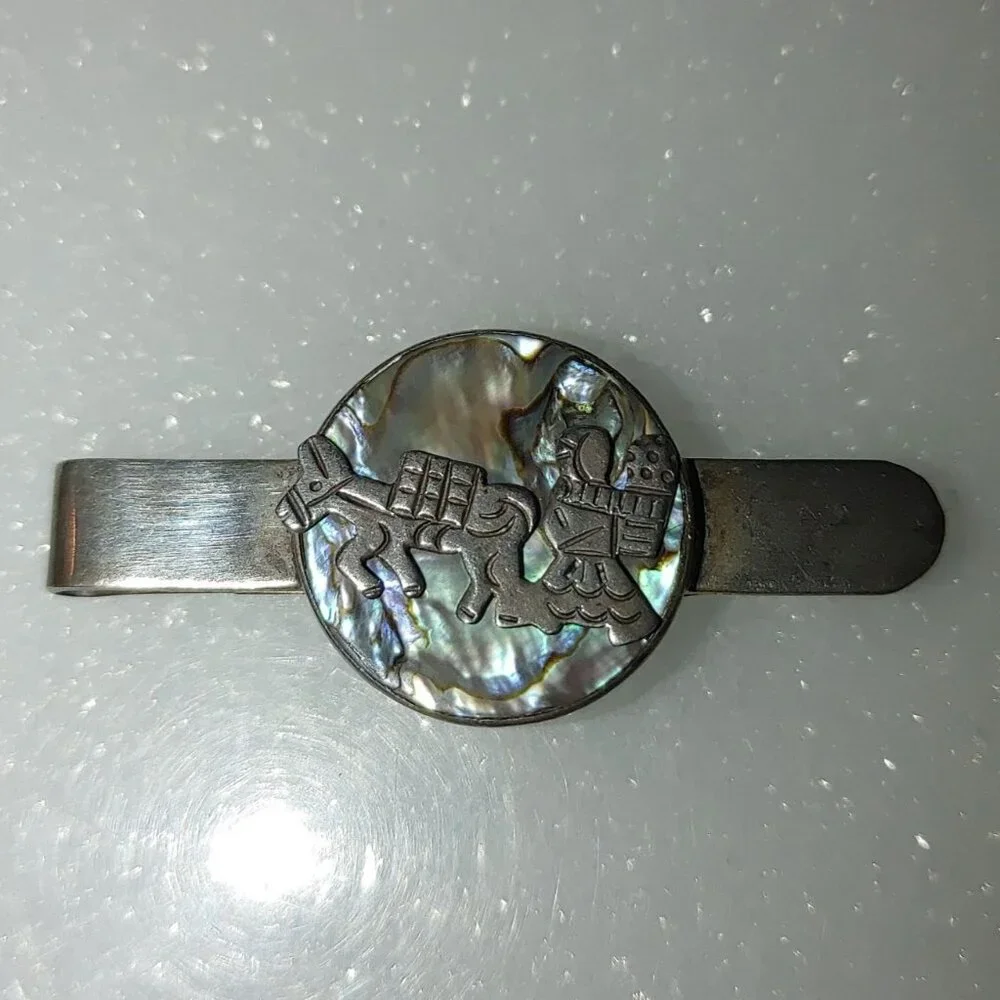 Kokopelli Abalone Inlay Tie or Money Clip Vintage Sterling Silver Stamped